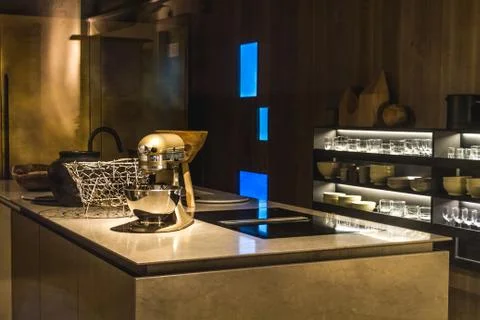 Modern Kitchen Interior In Evening Lighting Stock Photos