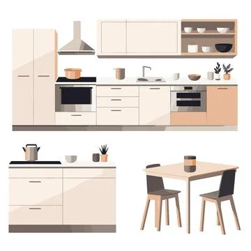 Modern Kitchen Interior: Flat Style Vector Illustration 스톡 일러스트