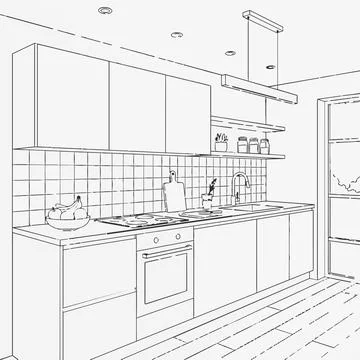 Modern kitchen interior illustration, line drawing style, white background .. Stockillustratie