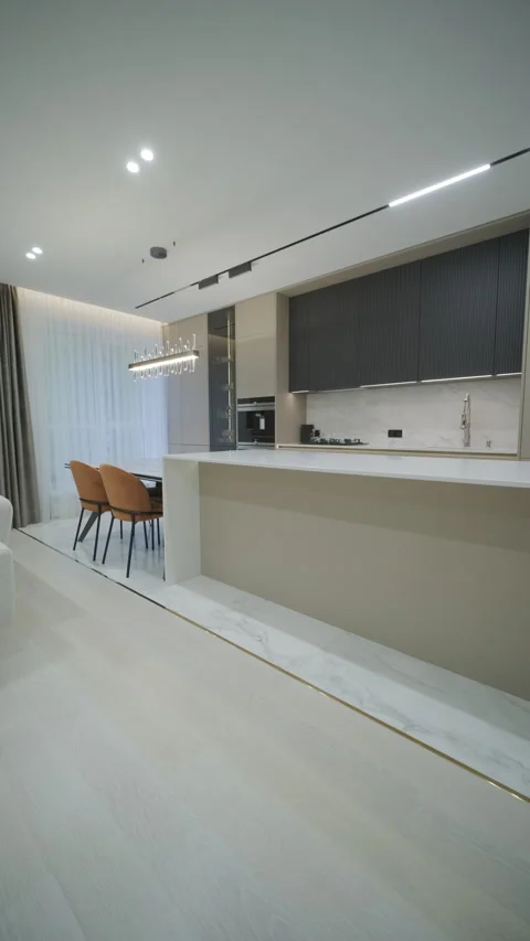 Modern Kitchen Interior with Integrated Living Space Stock Footage 274447366