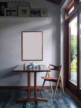Modern kitchen interior in minimal style with served wooden table Stock Photos