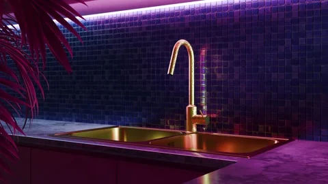 Modern kitchen interior with neon lights, mosaic tile, marble countertop and gol Stock Footage 345645161