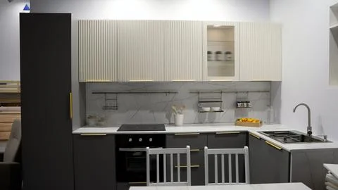 Modern kitchen interior reveal with mint cabinets Stockfoto's