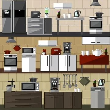 Modern kitchen interior set. Vector illustration in flat style design. Design Stock Illustration