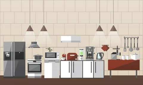 Modern kitchen interior set. Vector illustration in flat style design. Design Stock Illustration