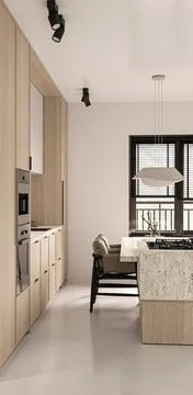 Modern kitchen interior with stone countertop island and bar stools, elegant 3d Stock Illustration