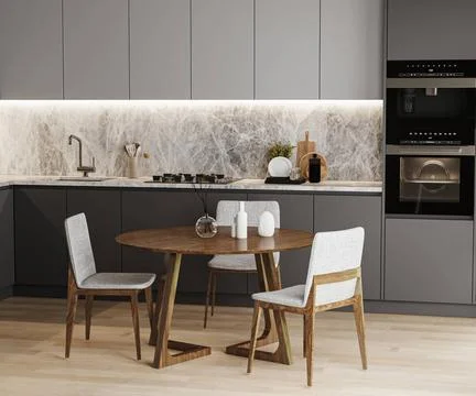 Modern kitchen interior with table, kitchen utensils and furniture, kitche... Stock Photos