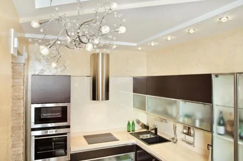 Modern kitchen interior in warm tones top view Foto stock