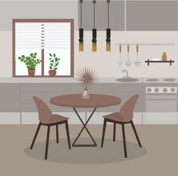 Modern Kitchen interior with window, dining table, kitchen utensils, plants Stock Illustration