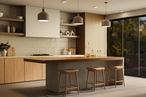 Modern kitchen island with bar stools and pendant lights Stock Illustration