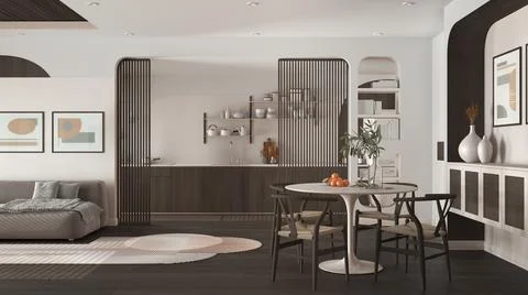Modern kitchen, living and dining room in dark tones, velvet sofa with carpet Stock Illustration