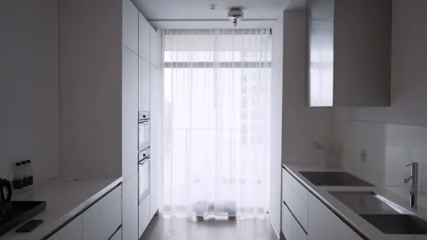 Modern kitchen with panoramic window Stock Footage 160685176