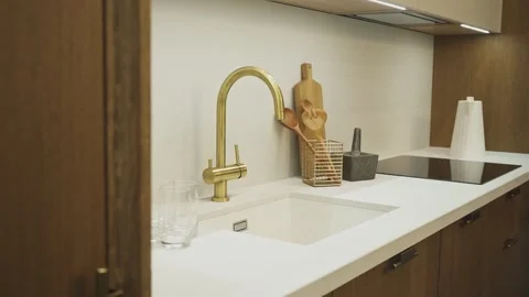 Modern kitchen set made of wood Stock Footage 270163991