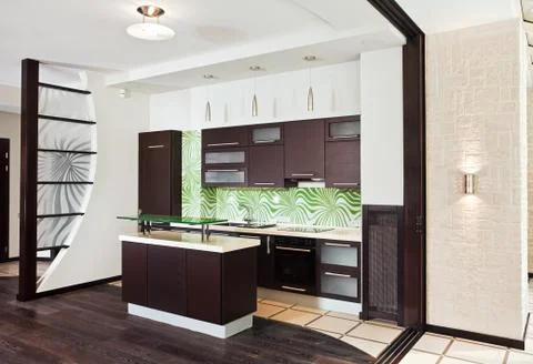 Modern kitchen (studio) interior with dark wooden floor Foto stock