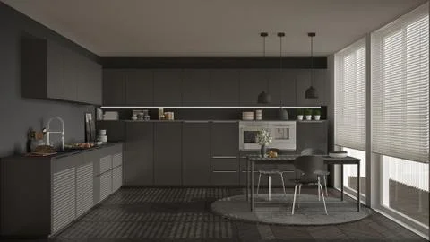 Modern kitchen with table and chairs, big windows and herringbone parquet flo Stock Illustration