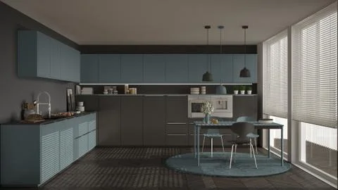Modern kitchen with table and chairs, big windows and herringbone parquet flo Stock Illustration