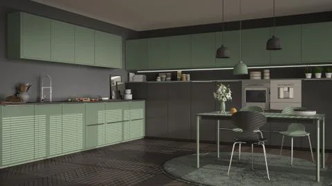 Modern kitchen with table and chairs, big windows and herringbone parquet flo 스톡 일러스트