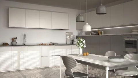 Modern kitchen with table and chairs, big windows and herringbone parquet flo Stock Illustration