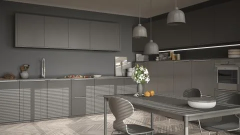 Modern kitchen with table and chairs, big windows and herringbone parquet flo 스톡 일러스트