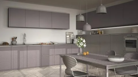 Modern kitchen with table and chairs, big windows and herringbone parquet flo 스톡 일러스트