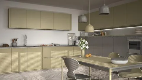 Modern kitchen with table and chairs, big windows and herringbone parquet flo Stock Illustration