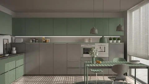 Modern kitchen with table and chairs, big windows and herringbone parquet flo Stock Illustration