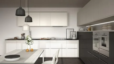 Modern kitchen with table and chairs, herringbone parquet floor, white and gr Stock Illustration