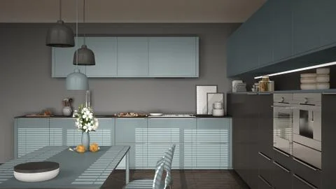 Modern kitchen with table and chairs, herringbone parquet floor, gray and air Stock Illustration