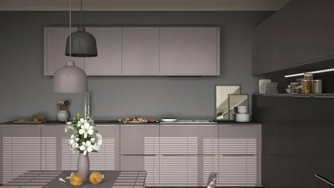 Modern kitchen with table and chairs, cooking pan and food, close-up, gray an Stock Illustration