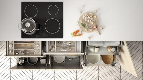 Modern kitchen top view, opened drawers and stove with cooking pan, minimalis Stock Illustration