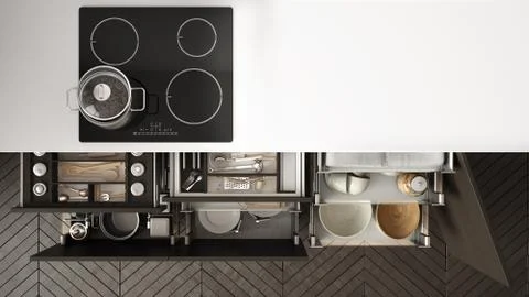 Modern kitchen top view, opened drawers and stove with cooking pan, minimalis Illustrazione stock