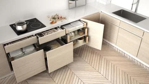 Modern kitchen top view, opened wooden drawers with accessories inside, solut イラスト素材