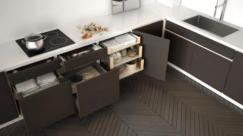 Modern kitchen top view, opened wooden drawers with accessories inside, solut イラスト素材