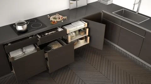 Modern kitchen top view, opened wooden drawers with accessories inside, solut Illustrazione stock