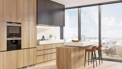 Modern Kitchen Transformation Before and After Empty to Furnished Space Stock Footage 334014167