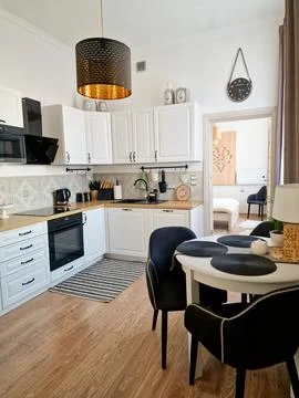 Modern kitchen with white interior, refrigerator, gas stove appliance, cook.. Stock-Fotos