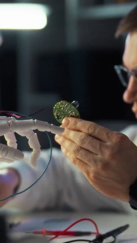 In modern lab engineer assembles robotics circuit board using engineering de Video stock 342717817