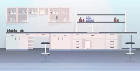 Modern lab interior empty no people chemical laboratory with furniture horizo Stock Illustration