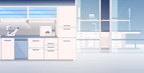 Modern lab interior empty no people chemical laboratory with furniture horizo Stockillustratie