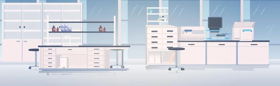 Modern lab interior empty no people chemical laboratory with furniture horizo Illustrazione stock