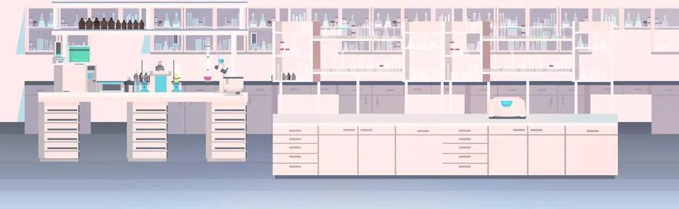 Modern lab interior empty no people chemical laboratory with furniture equipment Stock Illustration