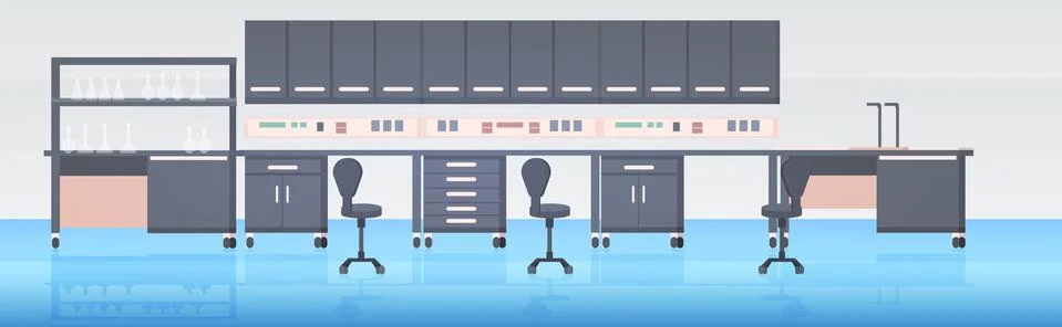 Modern lab interior empty no people chemical laboratory with furniture Illustrazione stock