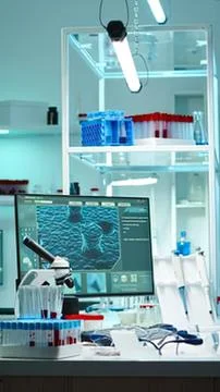 Modern lab with microscope and computer setup Фото