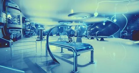 A modern laboratory features sleek surfaces and glowing blue elements 스톡 일러스트