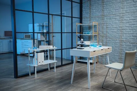 Modern laboratory interior with microscope and blue liquid in glassware on de Stock Photos