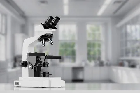 Modern Laboratory Microscope on a White Laboratory Desk. 3d Rendering Stockillustratie