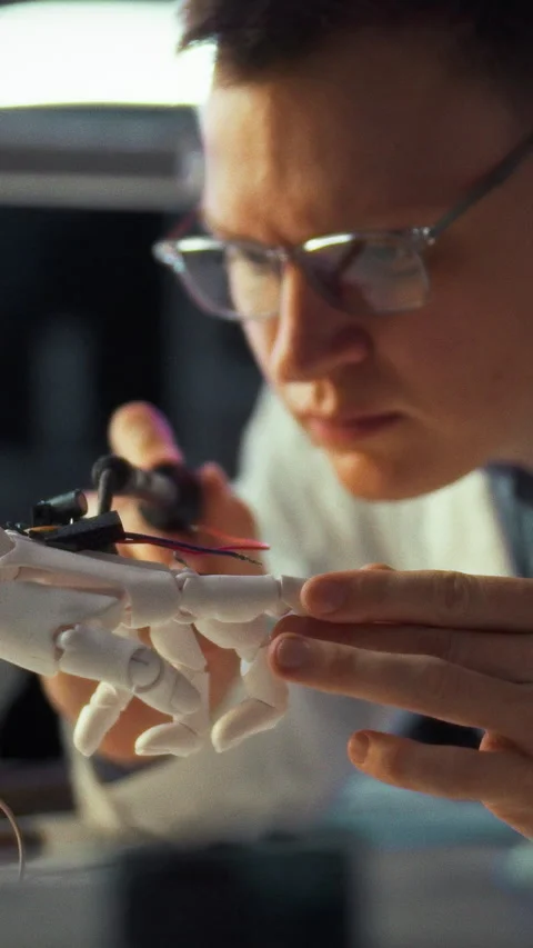 In modern laboratory researcher intensely assembles robotic hand prototype l Stock Footage 331600953