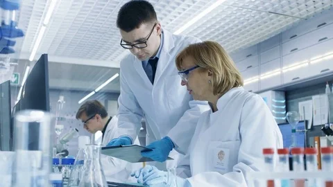 In Modern Laboratory Senior Female Scientist Has Discussion with Young Male  Stock Footage