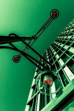 Modern lamp post in front of an office building, image processing, berlin, ge Stock Photos