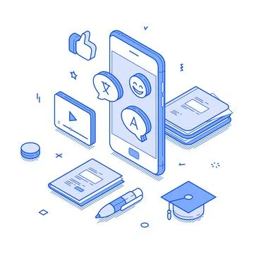 Modern Language Learning Tools: Smartphone, Books, and Graduation Cap Vecto.. Stock Illustration